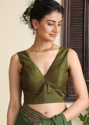 Green Readymade Blouse In Dupion Silk