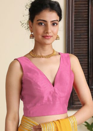 Readymade Pink Blouse In Dupion Silk