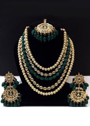 Indian Jewelry in USA: Buy Golden Green Stone Studded Layered Neckalce Set Online