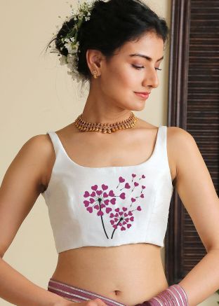 White Embroidered Dupion Silk Blouse