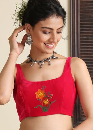 Red Embroidered Velvet Blouse
