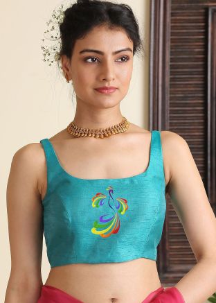 Thread Embroidered Readymade Blouse In Turquoise