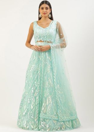 Turquoise Sequins Embellished Net Lehenga Choli