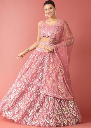 Pink Sequins Embellished Lehenga Choli In Net