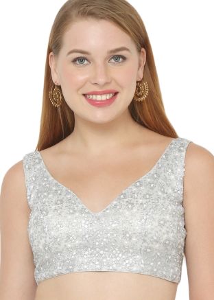 Embroidered Net Saree Blouse In Silver