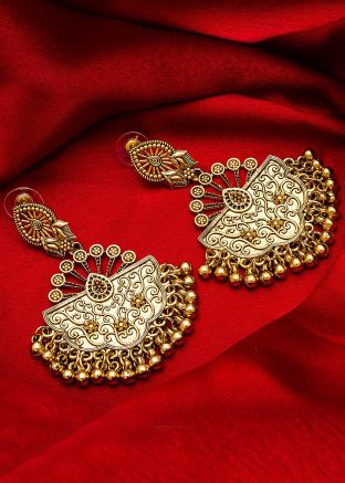 Indian Jewelry in USA: Buy Gold Embossed Hanging Dangler Earrings Online