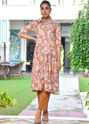 Brown Floral Print Kurta Set In Cotton
