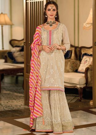Beige Readymade Embroidered Georgette Sharara Suit
