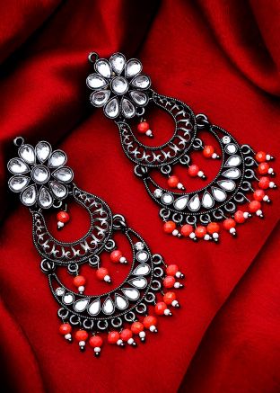 Red Silver Oxidised Traditional Big Indian Earrings Online Shopping USA