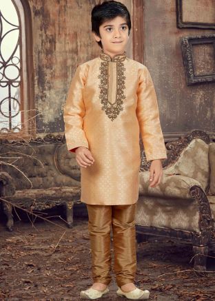Light Gold Jacquard Kids Kurta Pyjama