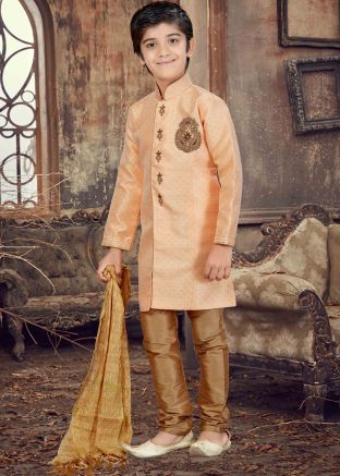 Sherwani for Kids - Buy Jacquard Peach Kids Sherwani for Boys Online USA
