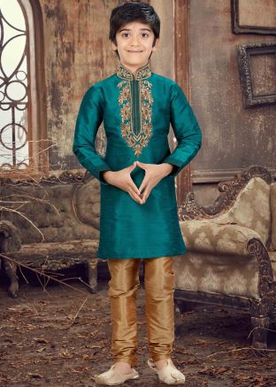 Teal Green Art Silk Kids Kurta Pyjama Set