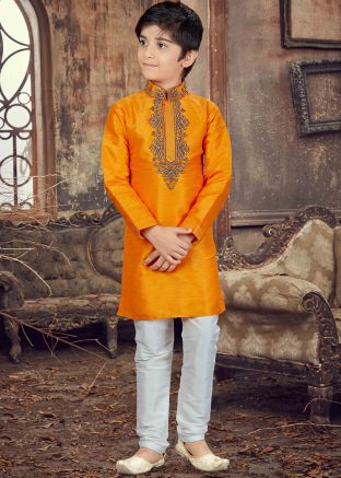 Orange Art Silk Kids Kurta Pyjama Set