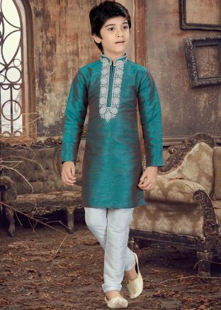 Teal Green Art Silk Kids Kurta Pyjama Set