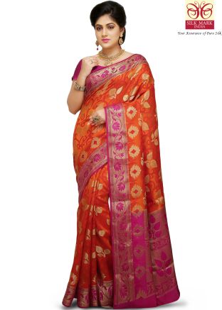 Orange Pure Banarasi Silk Saree with Blouse