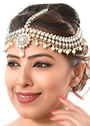 Pearl Beaded Stone Studded White Matha Patti