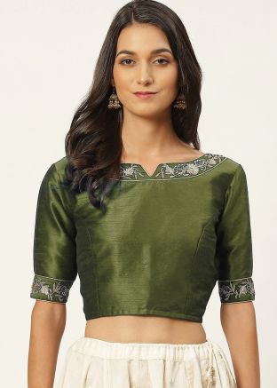 Green Color Dupion Silk Saree Blouse 