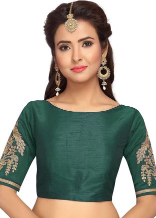 Green Color Dupion Silk Saree Blouse 