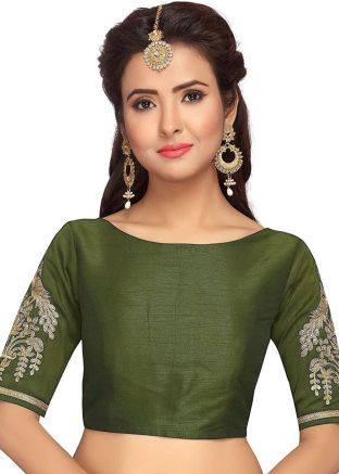 Green Color Dupion Silk Saree Blouse 