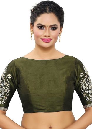 Green Color Dupion Silk Saree Blouse 