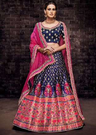 Navy Blue Brocade Lehenga Choli With Dupatta