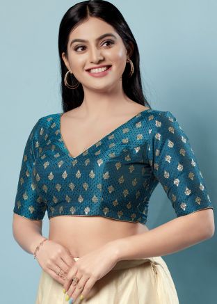 Teal Color Brocade Saree Blouse 