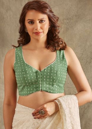 Green Color Cotton Saree Blouse 