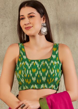 Green Color Cotton Saree Blouse 