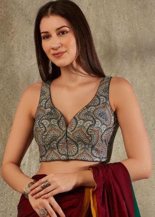 Grey Color Cotton Saree Blouse 
