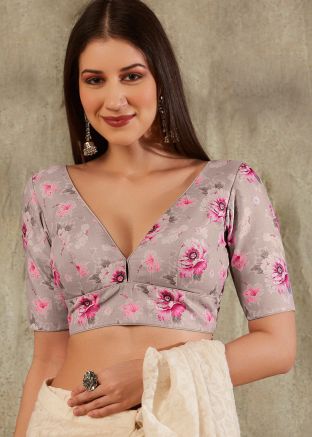 Grey Color Cotton Saree Blouse 