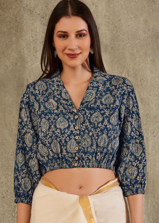 Navy Blue Color Cotton Saree Blouse 