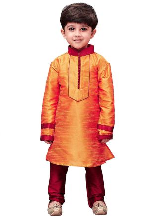 Readymade Yellow Dupion Silk Kids Kurta Pajama