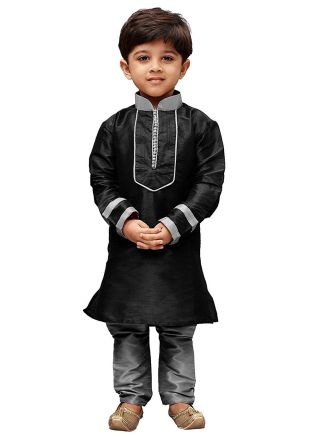 Readymade Black Dupion Silk Kids Kurta Pajama