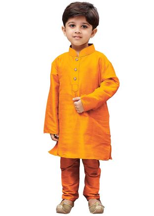Readymade Yellow Dupion Silk Kids Kurta Pajama