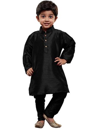 Readymade Black Dupion Silk Kids Kurta Pajama