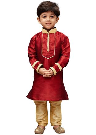Readymade Maroon Dupion Silk Kids Kurta Pajama