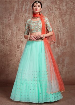 Buy Sequins Embellished Turquoise Lehenga Choli Online for Women USA
