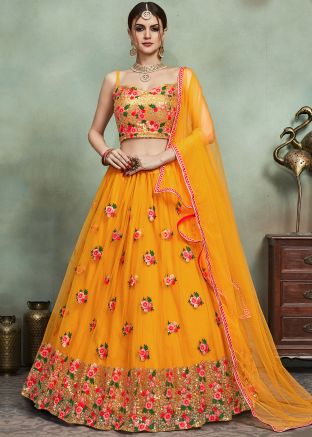 Buy Floral Embroidered Net Yellow Lehenga Choli Online for Women USA