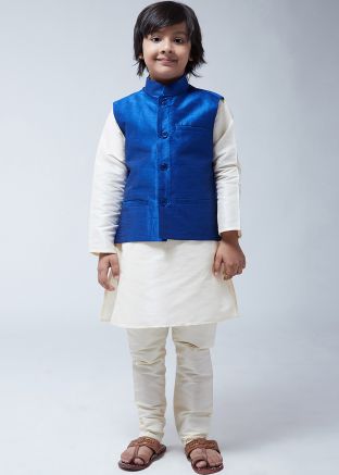 White Kids Kurta Churidar Set With Nehru Jacket