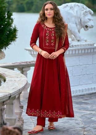 Red Readymade Embroidered Anarkali Suit In Art Silk