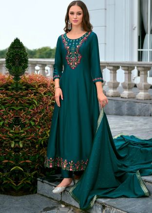 Teal Green Embroidered Readymade Art Silk Anarkali Suit