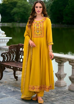 Yellow Readymade Art Silk Anarkali Suit In Embroidery