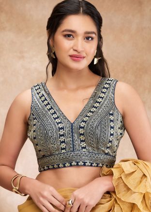 Navy Blue Color Brocade Saree Blouse 