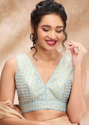 Sky Blue Color Brocade Saree Blouse 