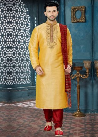 Lemon Yellow Embroidered Readymade Kurta Set