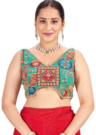 Readymade Art Silk Saree Blouse In Turquoise