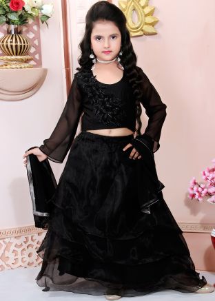 Black Readymade Multi Layered Kids Lehenga Choli