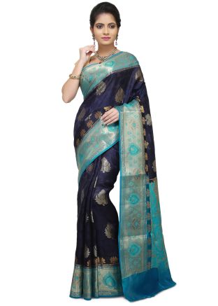Navy Blue Woven Banarasi Pure Silk Saree Online