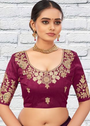 Wine Embroidered Art Silk Blouse