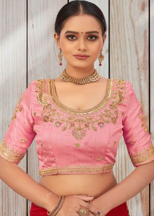 Pastel Pink Embroidered Blouse In Art Silk